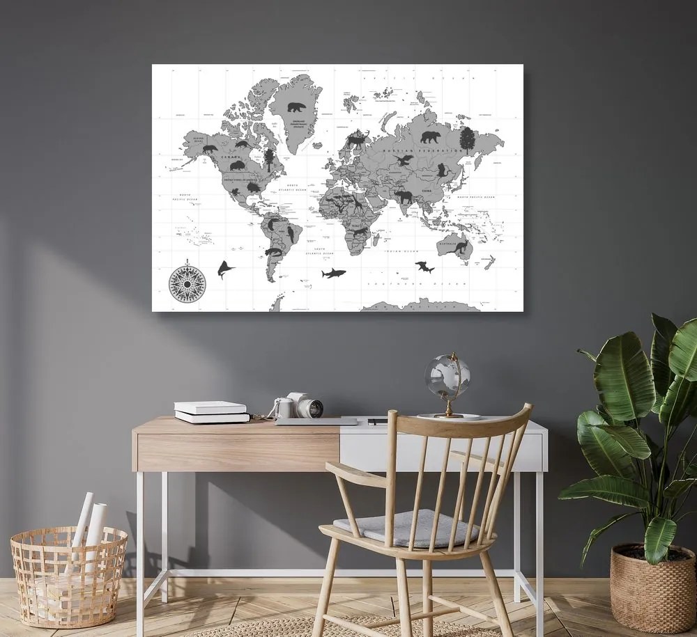 Εικόνα σε χάρτη από φελλό με ζώα σε ασπρόμαυρο σχέδιο - 90x60  wooden