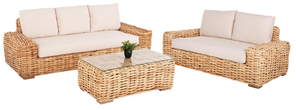 Σετ κήπου Σαλόνι TROPEL 3 τεμ Φυσικό Rattan &amp; Λευκά Μαξιλάρια
