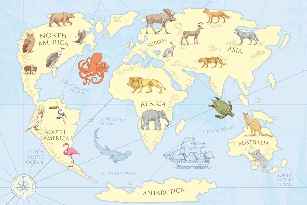 Εικόνα στον παγκόσμιο χάρτη φελλού με τα ζώα - 90x60  smiley