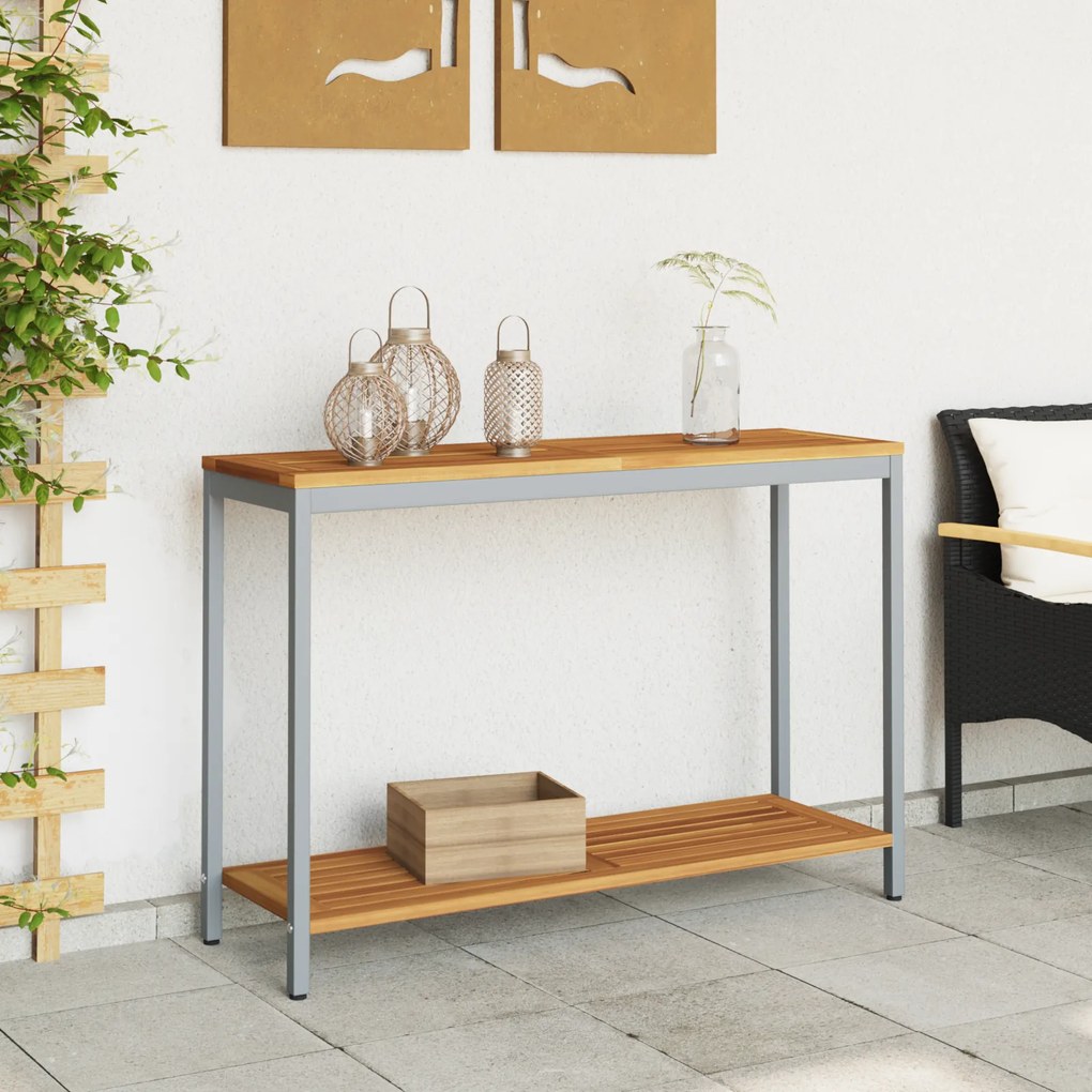 vidaXL Εξωτερικό Τραπέζι Φυσικό & Γκρι 35x110x75 εκ. Μασίφ Ξύλο και Ατσάλι