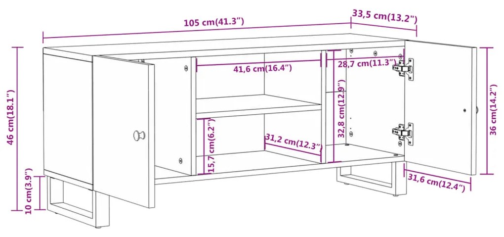 Έπιπλο Τηλεόρασης Καφέ/Μαύρο 105x33,5x46 εκ. Μασίφ Ξύλο Μάνγκο - Καφέ