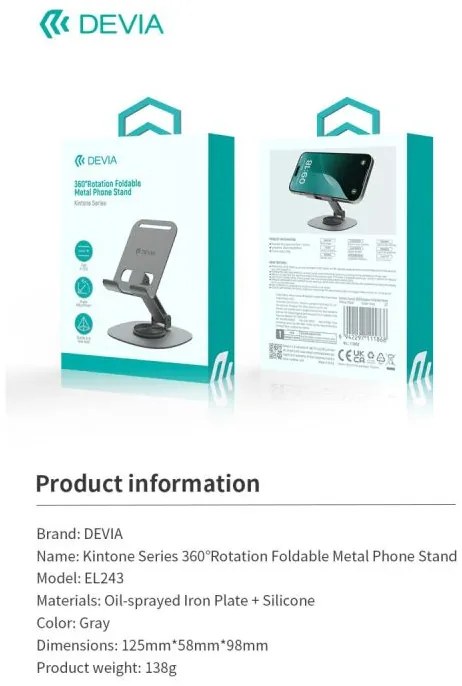Devia folding holder stand EL243 for phone tablet rotating 360 gray metal