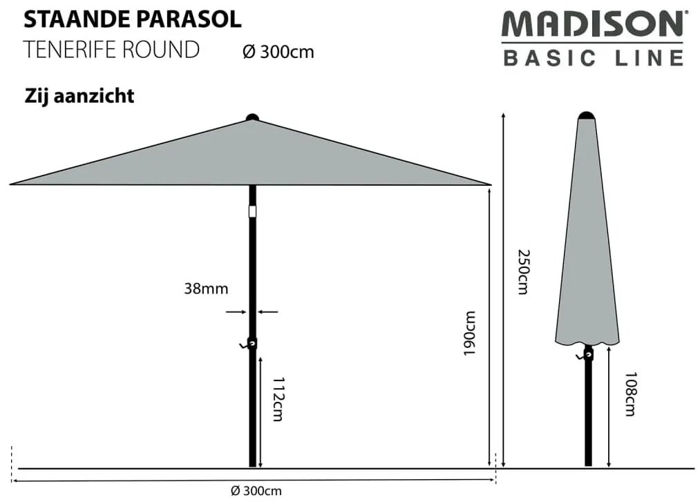 Madison Ομπρέλα Κήπου Tenerife Στρογγυλή Γκρι 300 εκ. - Γκρι