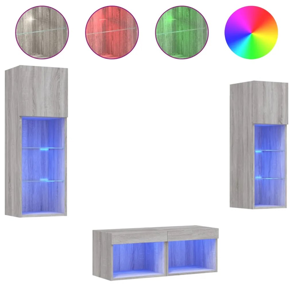 vidaXL Ντουλάπια Τηλεόρασης Τοίχου 4 Τεμ. με Φώτα LED Γκρι Sonoma