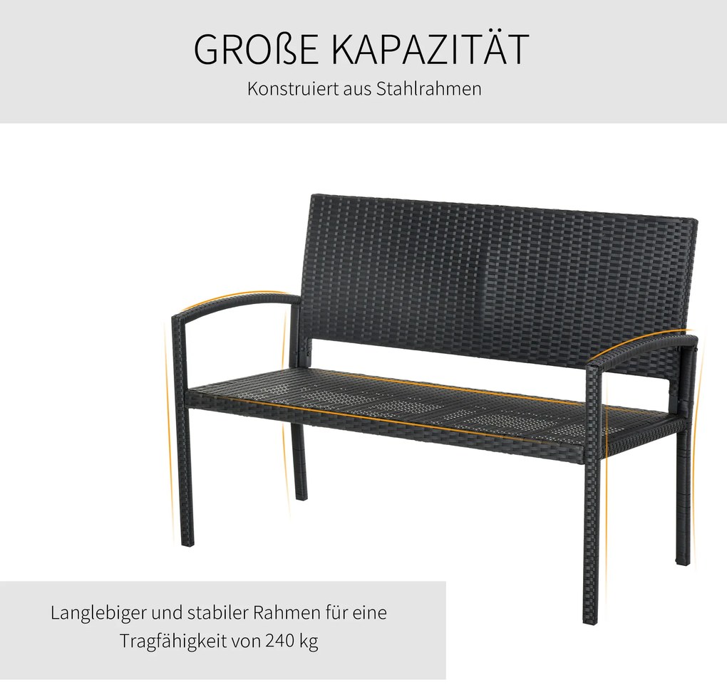 Outsunny Πάγκος Κήπου, σε εμφάνιση Rattan, με ατσάλινο πλαίσιο, για 2 άτομα, Μαύρο, 122 x 60 x 85cm