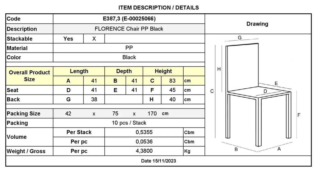 FLORENCE Καρέκλα PP Μαύρο, PP Rattan Μαύρο, Στοιβαζόμενη 41x41x83cm