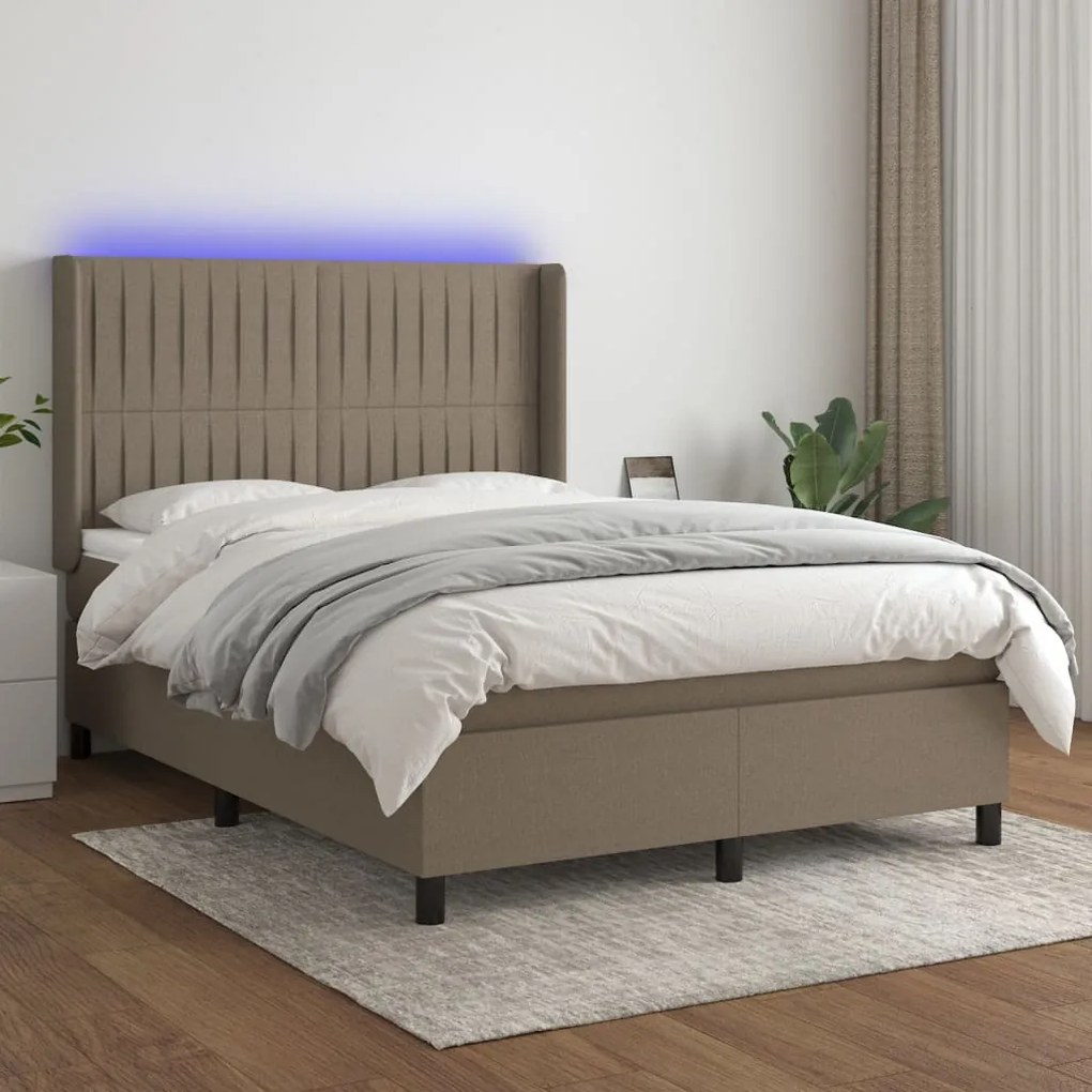 Κρεβάτι Boxspring με Στρώμα &amp; LED Taupe 140x200 εκ. Υφασμάτινο - Μπεζ-Γκρι