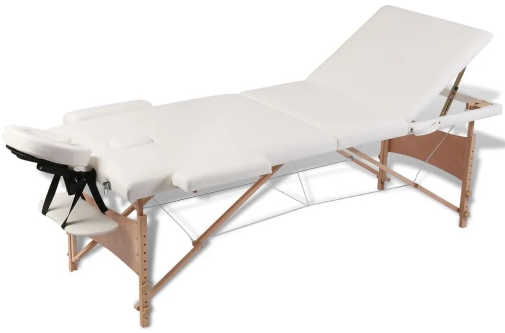vidaXL Κρεβάτι Μασάζ Πτυσσόμενο 3 Θέσεων με Ξύλινο Σκελετό Κρεμ Λευκό