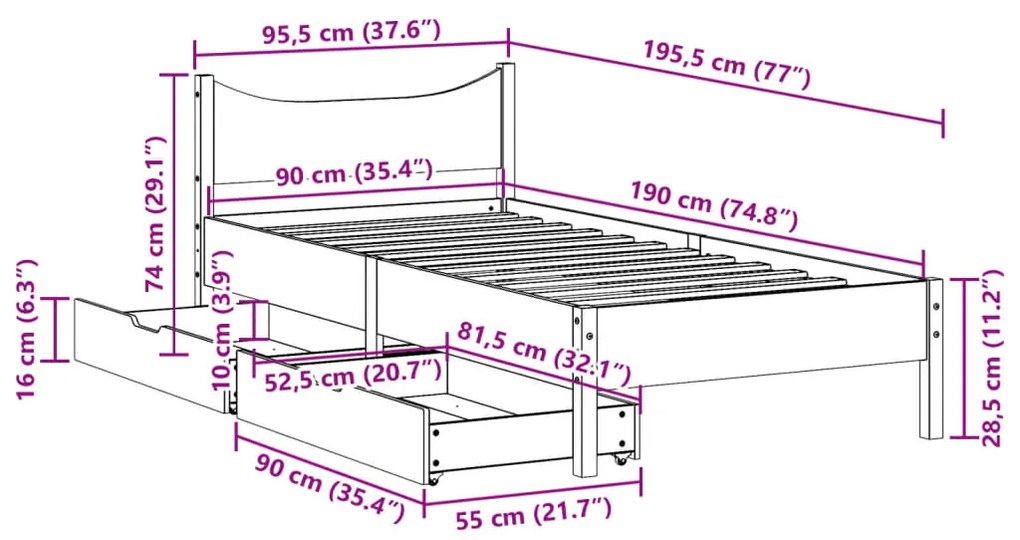 Πλαίσιο Κρεβατιού με Συρτάρια Καφέ 90x190 εκ. Μασίφ Ξύλο Πεύκου - Καφέ