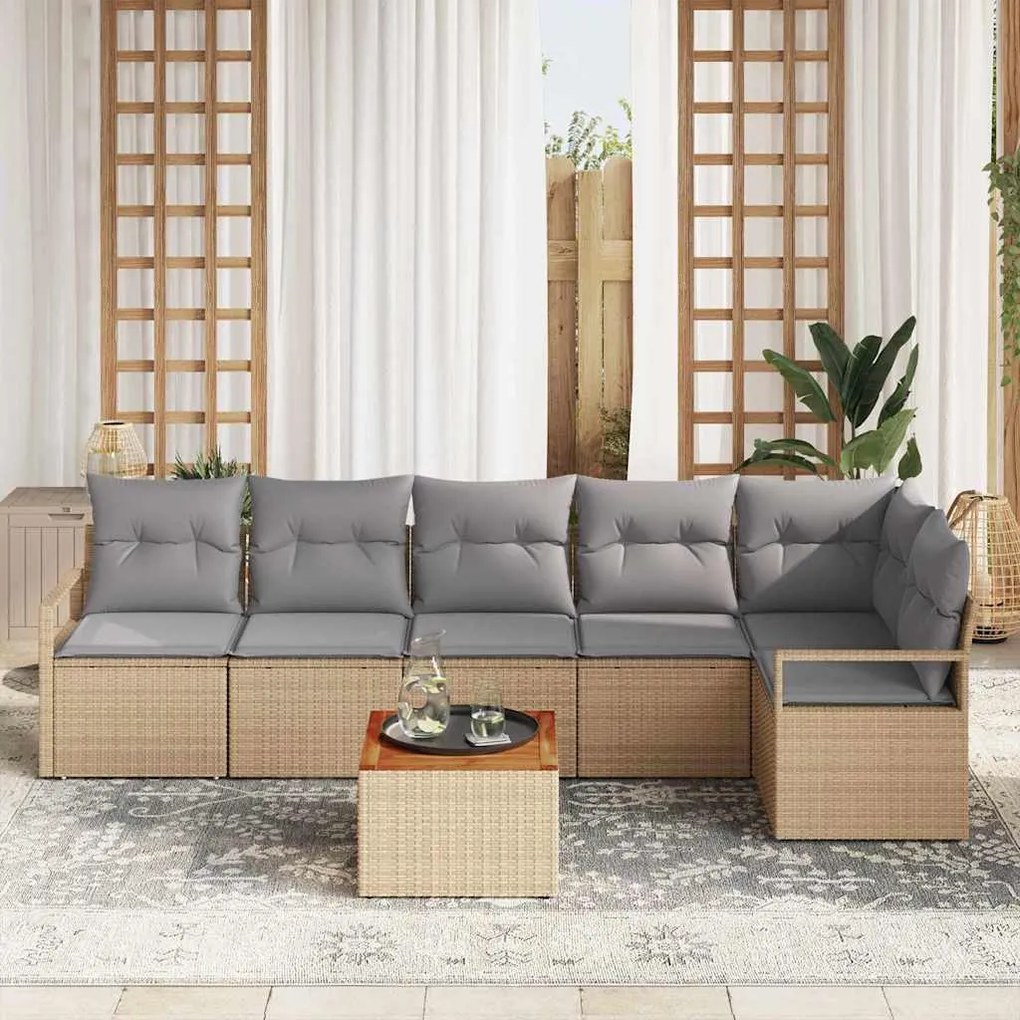 vidaXL Σετ Καναπέ Κήπου με μαξιλάρι 7 pcs Μπεζ Πολυ ράταν