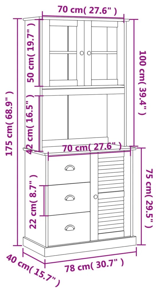 Βιτρίνα VIGO Λευκή 78 x 40 x 175 εκ. από Μασίφ Ξύλο Πεύκου - Λευκό