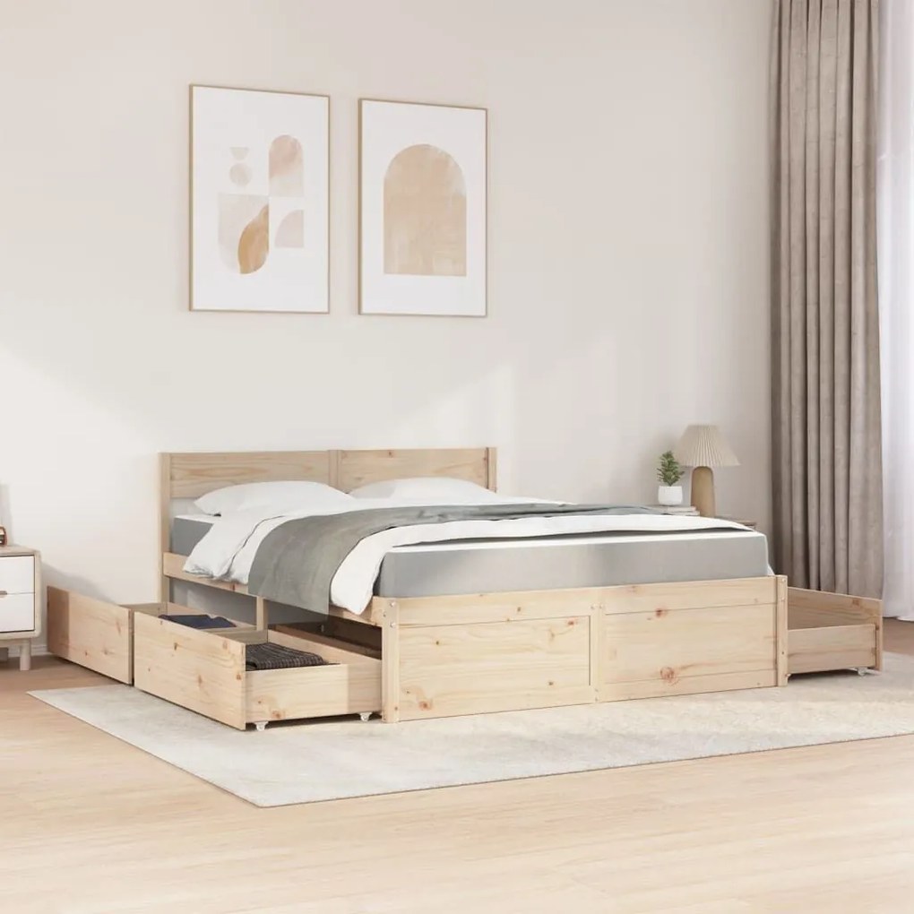 Κρεβάτι με Συρτάρια και Στρώμα 160x200 εκ Μασίφ Ξύλο Πεύκου - Καφέ
