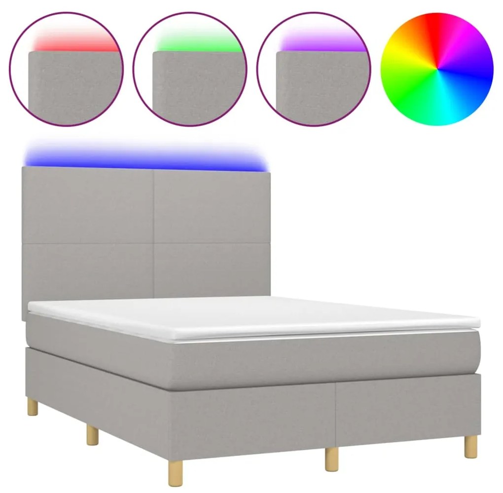 vidaXL Κρεβάτι Boxspring με Στρώμα & LED Αν.Γκρι 140x200εκ. Υφασμάτινο