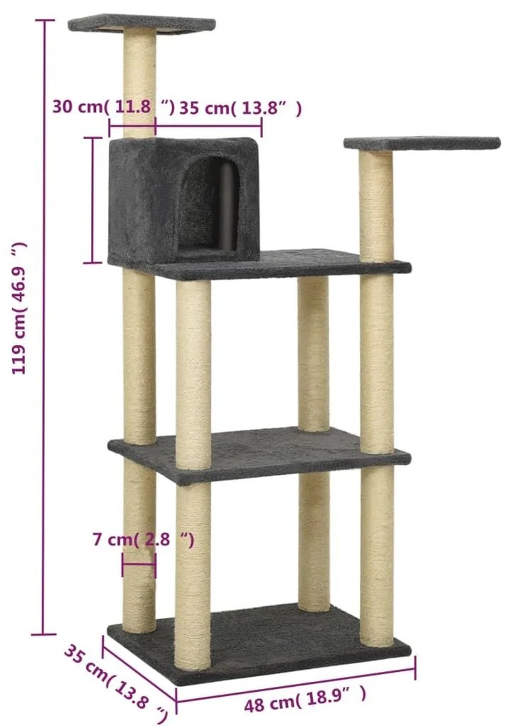 Γατόδεντρο Σκούρο Γκρι 118,5 εκ. με Στύλους Ξυσίματος από Σιζάλ - Γκρι