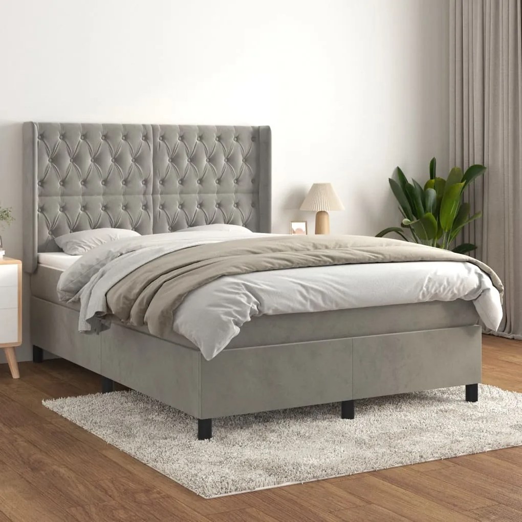 Κρεβάτι Boxspring με Στρώμα Ανοιχτό Γκρι 140x200 εκ. Βελούδινο