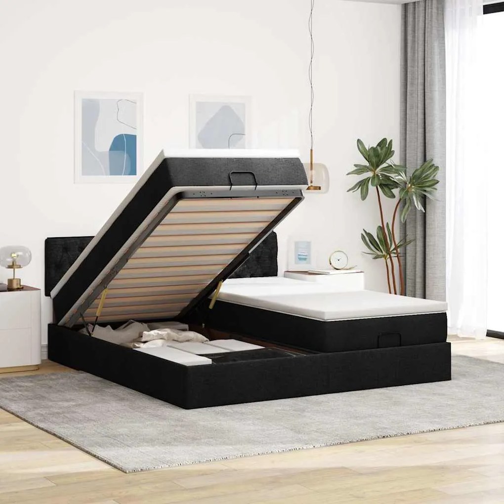 vidaXL Οθωμανικό κρεβάτι με στρώματα Μαύρο 160x200cm Ύφασμα