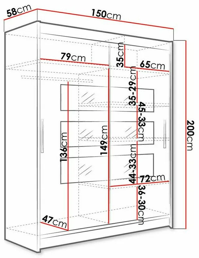 Ντουλάπα Atlanta 158, Άσπρο, 200x150x58cm, 118 kg, Πόρτες ντουλάπας: Ολίσθηση, Αριθμός ραφιών: 5, Αριθμός ραφιών: 5 | Epipla1.gr