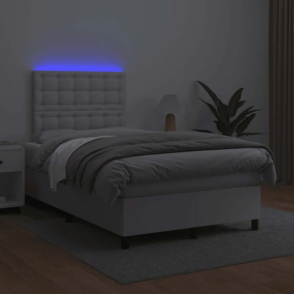 vidaXL Κρεβάτι Boxspring με Στρώμα & LED Λευκό 120x190 εκ. Συνθ. Δέρμα