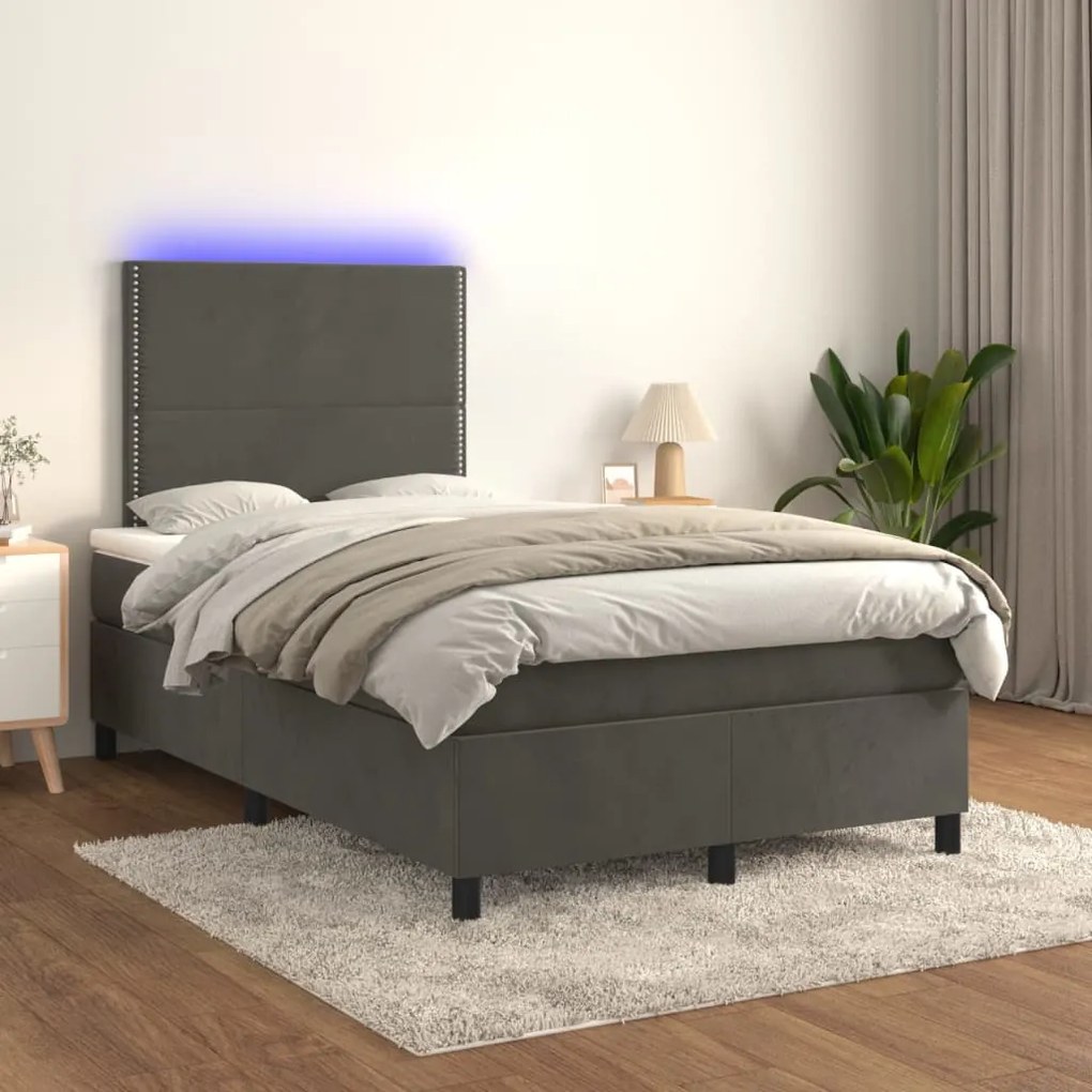 vidaXL Κρεβάτι Boxspring με Στρώμα & LED Σκ. Γκρι 120x200εκ. Βελούδινο