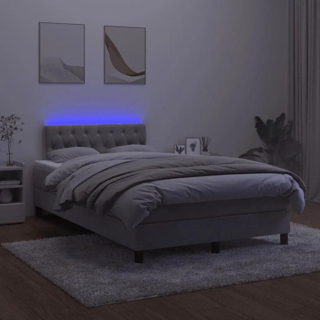 Κρεβάτι Boxspring με Στρώμα &amp; LED Αν.Γκρι 120x190εκ. Βελούδινο - Γκρι