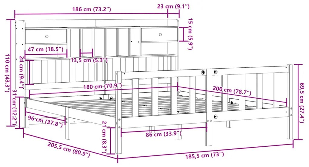Κρεβάτι Βιβλιοθήκη Χωρίς Στρώμα 180x200 εκ Μασίφ Ξύλο Πεύκου - Λευκό