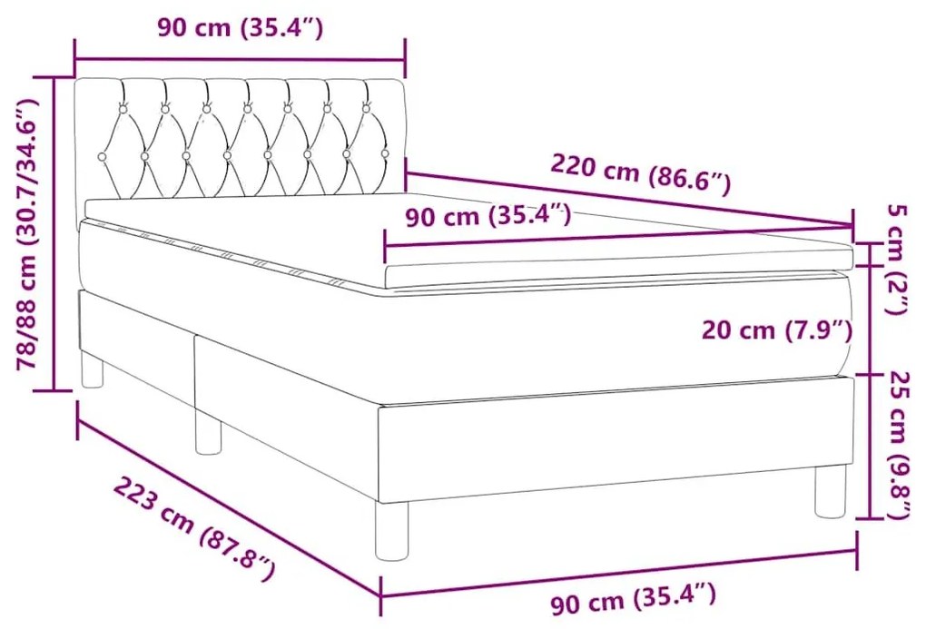 Box Spring κρεβάτι με στρώμα ανοιχτό γκρι 90x220 εκ. Βελούδινο - Γκρι