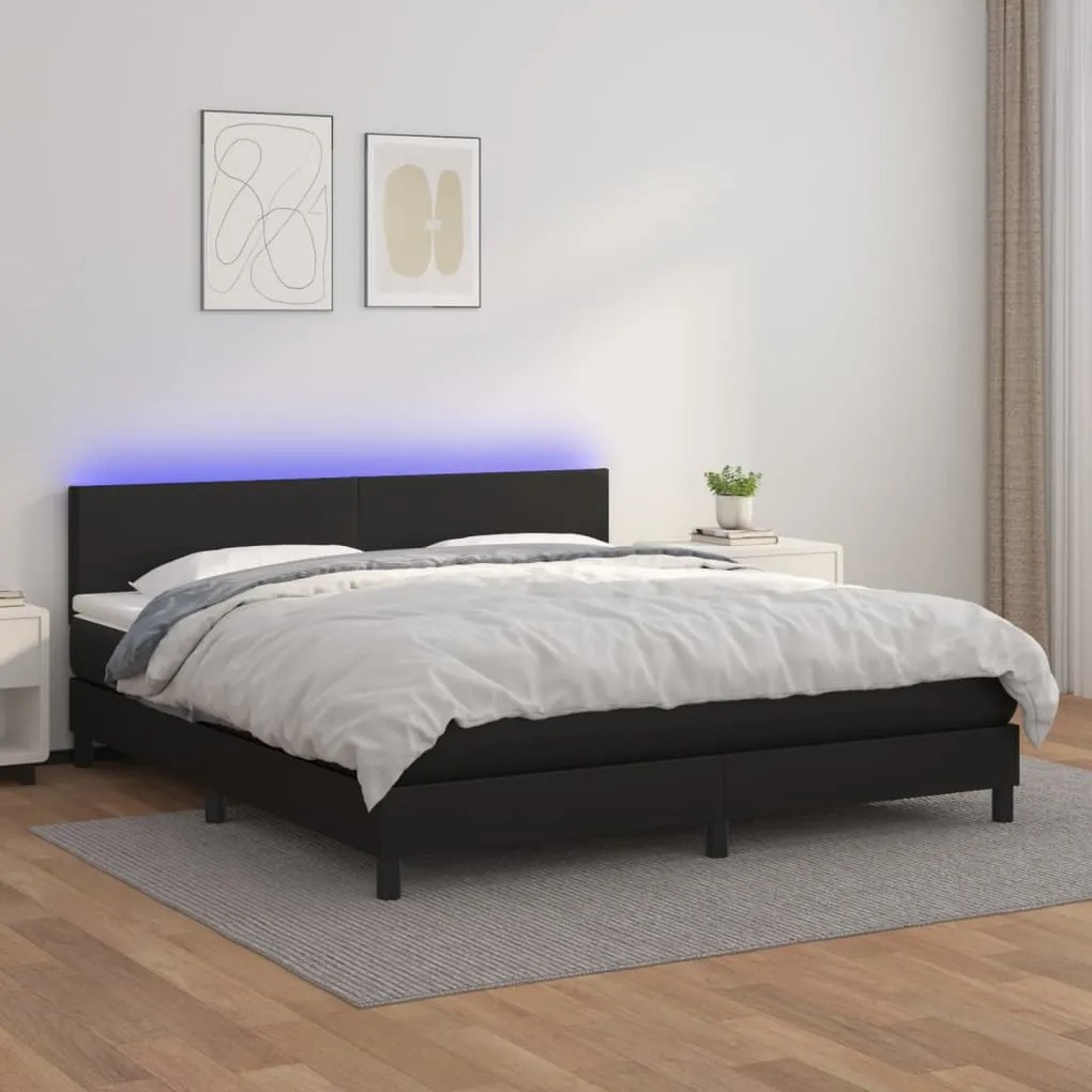 Κρεβάτι Boxspring με Στρώμα & LED Μαύρο 180x200 εκ. Συνθ. Δέρμα
