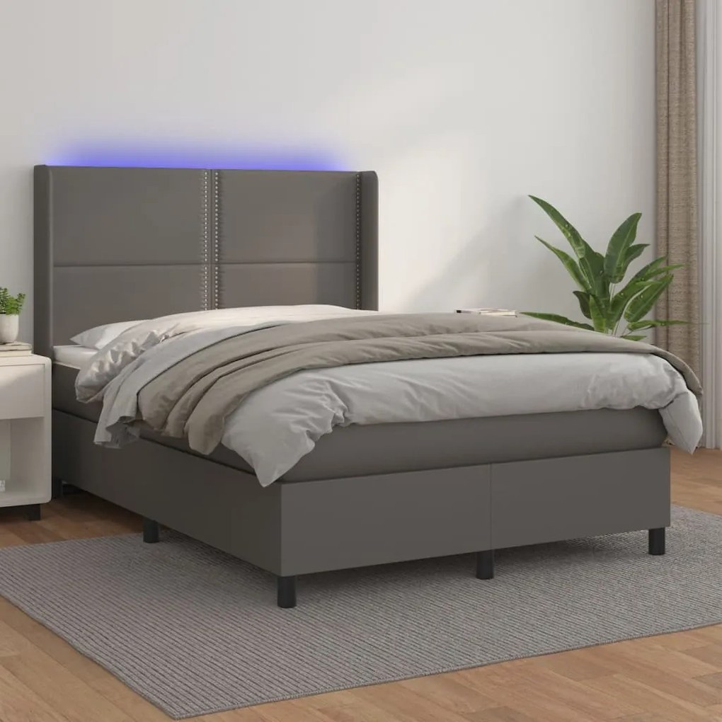 vidaXL Κρεβάτι Boxspring με Στρώμα & LED Γκρι 140x190 εκ. Συνθ. Δέρμα