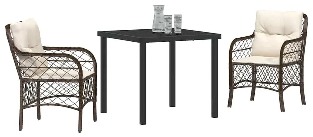 vidaXL Σέτ φαγητού για κήπο με μαξιλάρι 3 pcs Καφέ συνθετικό ρατάν