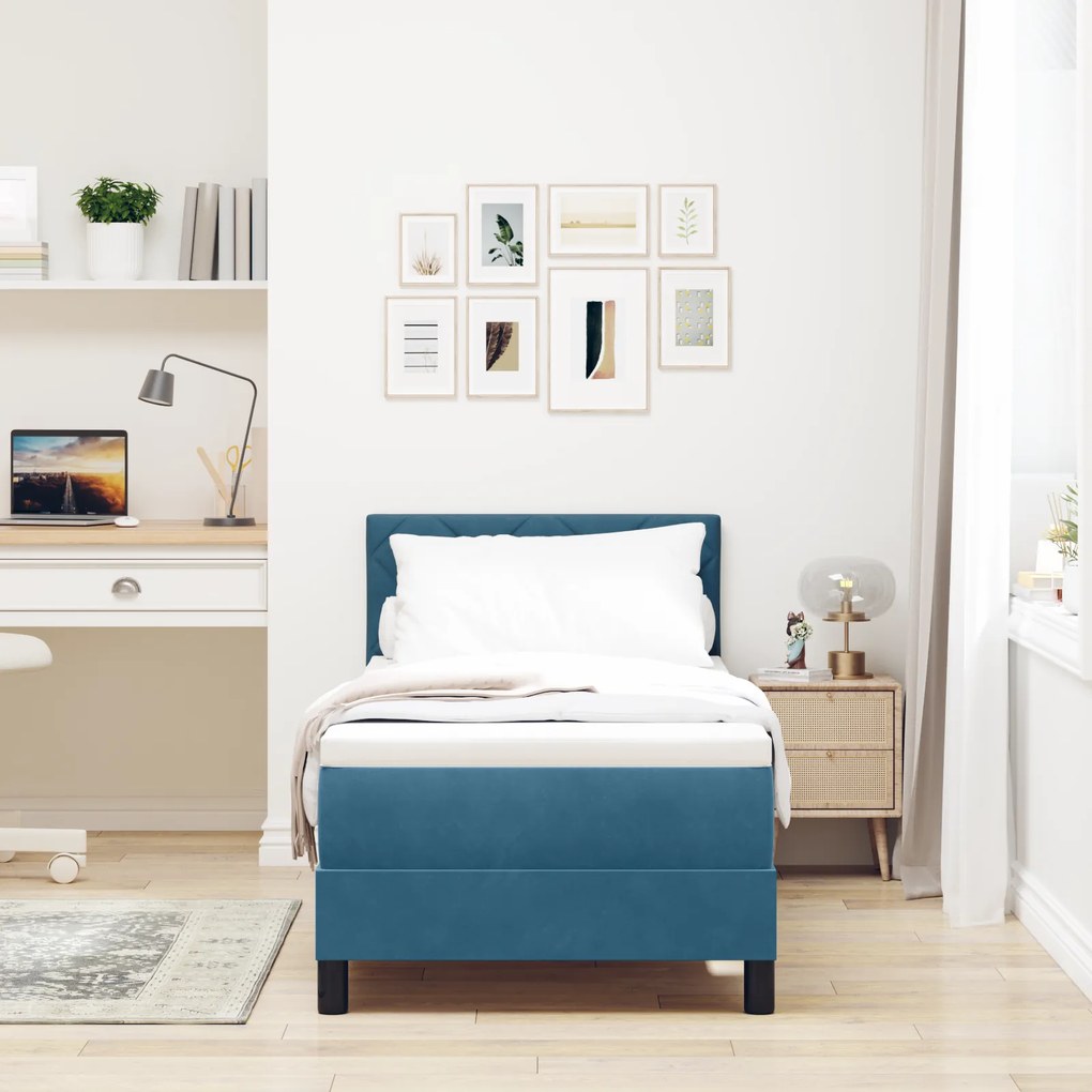 vidaXL Κρεβάτι Box Spring με Στρώμα & LED Σκούρο Μπλε 80x200 εκ Βελούδο