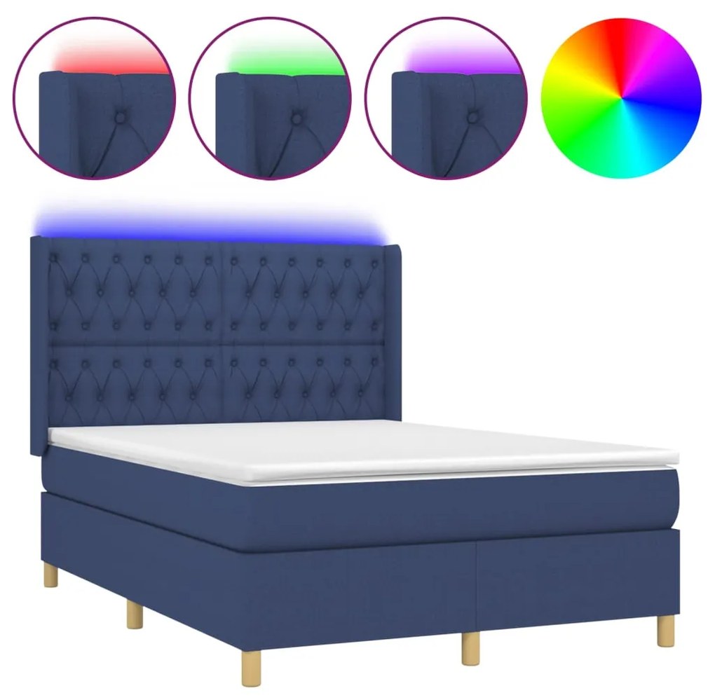 vidaXL Κρεβάτι Boxspring με Στρώμα & LED Μπλε 140x190 εκ. Υφασμάτινο