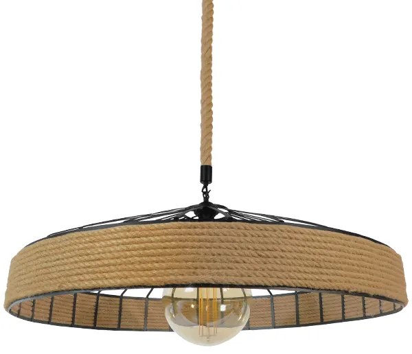 01416 GloboStar®  SAHARA 01416 Moντέρνο Κρεμαστό Φωτιστικό Σχοινί Μονόφωτο 1 x E27 IP20 Μαύρο Μέταλλο με Μπεζ Σχοινί - Μ80 x Π80 x Y25cm
