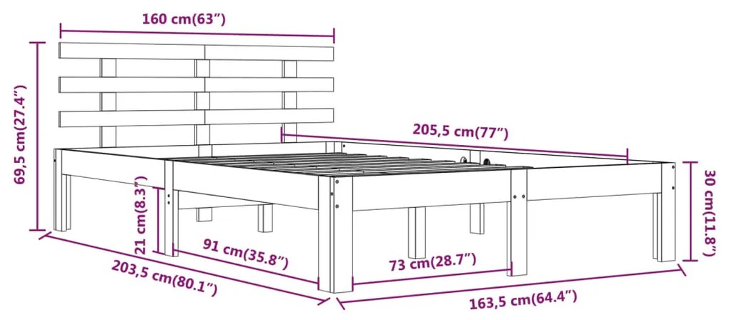 Σκελετός Κρεβατιού Χωρίς Στρώμα 160x200 εκ Μασίφ Ξύλο - Καφέ