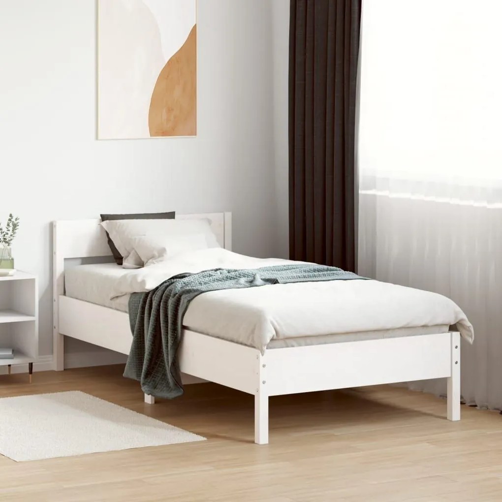 Πλαίσιο Κρεβατιού με Κεφαλάρι Λευκό 90x200 εκ Μασίφ Ξύλο Πεύκου - Λευκό