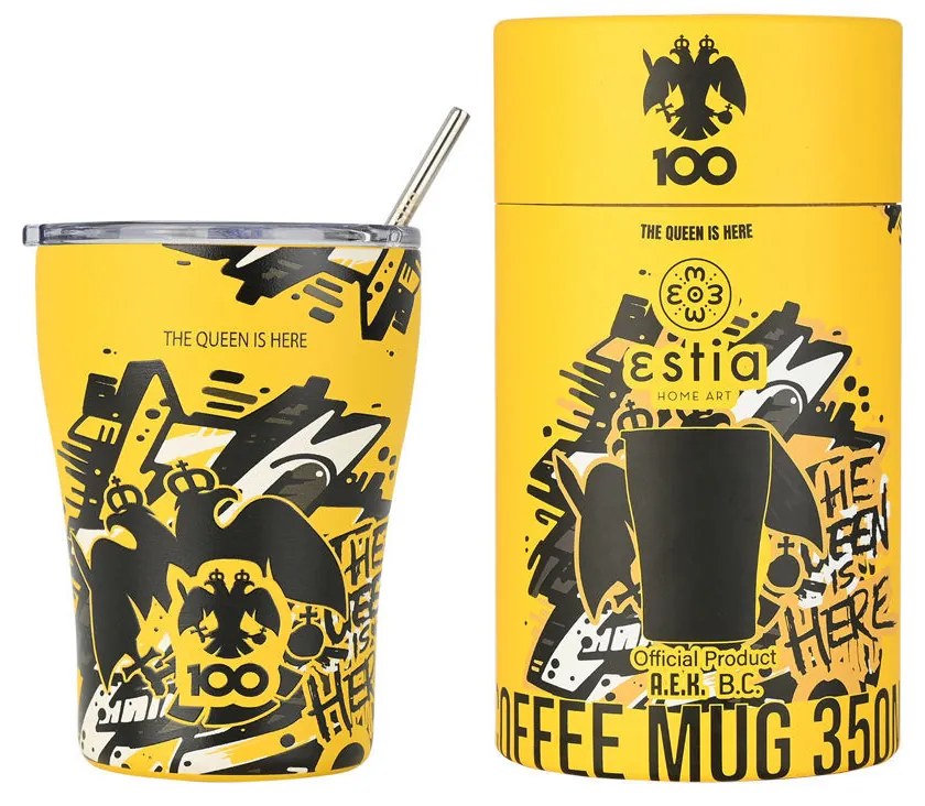 Estia 00-27261 Travel Mug Save The Aegean Ποτήρι Θερμός Ανοξείδωτο BPA Free 350ml AEK BC Edition The Queen is Here με Καλαμάκι