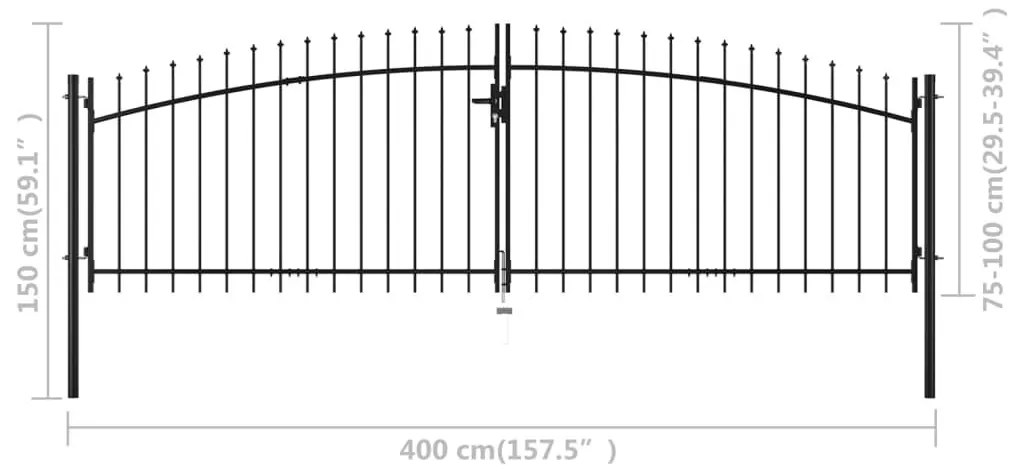 Πόρτα Περίφραξης Διπλή με Λόγχες 400 x 150 εκ. - Μαύρο