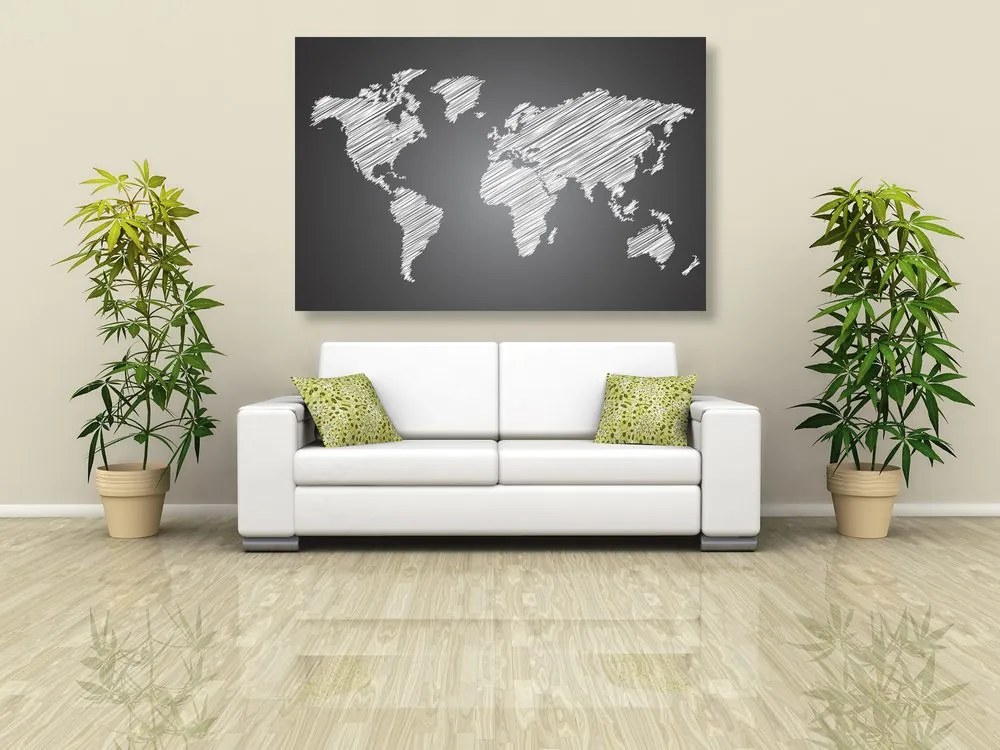 Εικόνα ενός παγκόσμιου χάρτη που εκκολάπτεται από φελλό σε ασπρόμαυρο - 90x60  peg