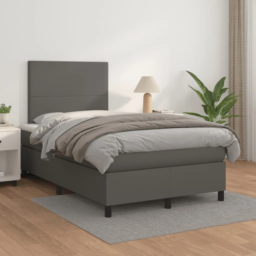 vidaXL Κρεβάτι Boxspring με Στρώμα Γκρι 120x190εκ. από Συνθετικό Δέρμα