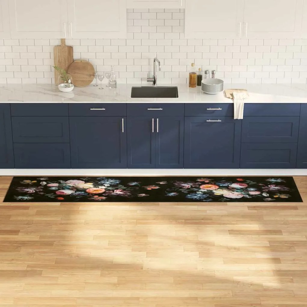 vidaXL Χαλί Κουζίνας Floral Μαύρο 300 x 60 εκ Βελούδο