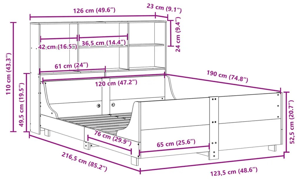 Κρεβάτι Βιβλιοθήκη Χωρίς Στρώμα 120x190 εκ Μασίφ Πεύκο - Λευκό
