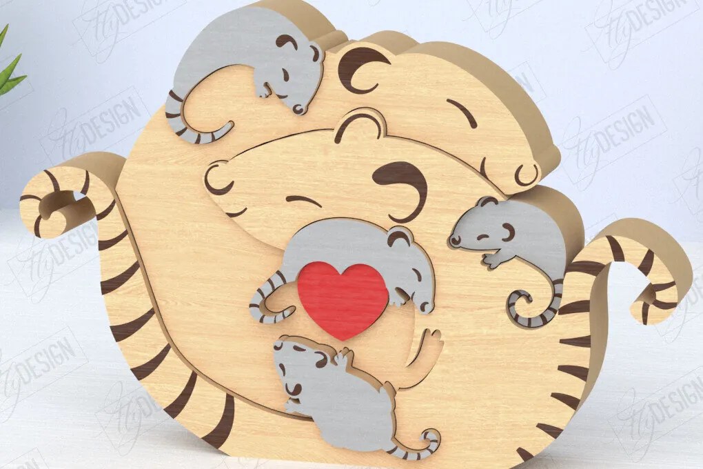 Σετ των 2 Intra απο ξύλο plywood 3mm-4mm πάχος – Οικογενειακό παζλ Αρουραίων Κοπή λέιζερ | Ζώα Δίασταση 20x20 cm INTRAFABR-119896217