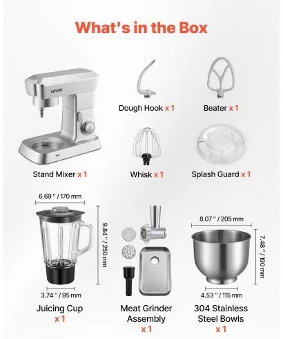 VEVOR Stand Mixer, 4.3 L Electric Kitchen Mixer, 1300W Dough-Mixer, 6+P Speeds Tilt-head Food-Mixer with 1.5 L Blender Cup, Stainless Steel Bowl, Dough Hook, Whisk, Beater, for Baking, Mixing, Silver