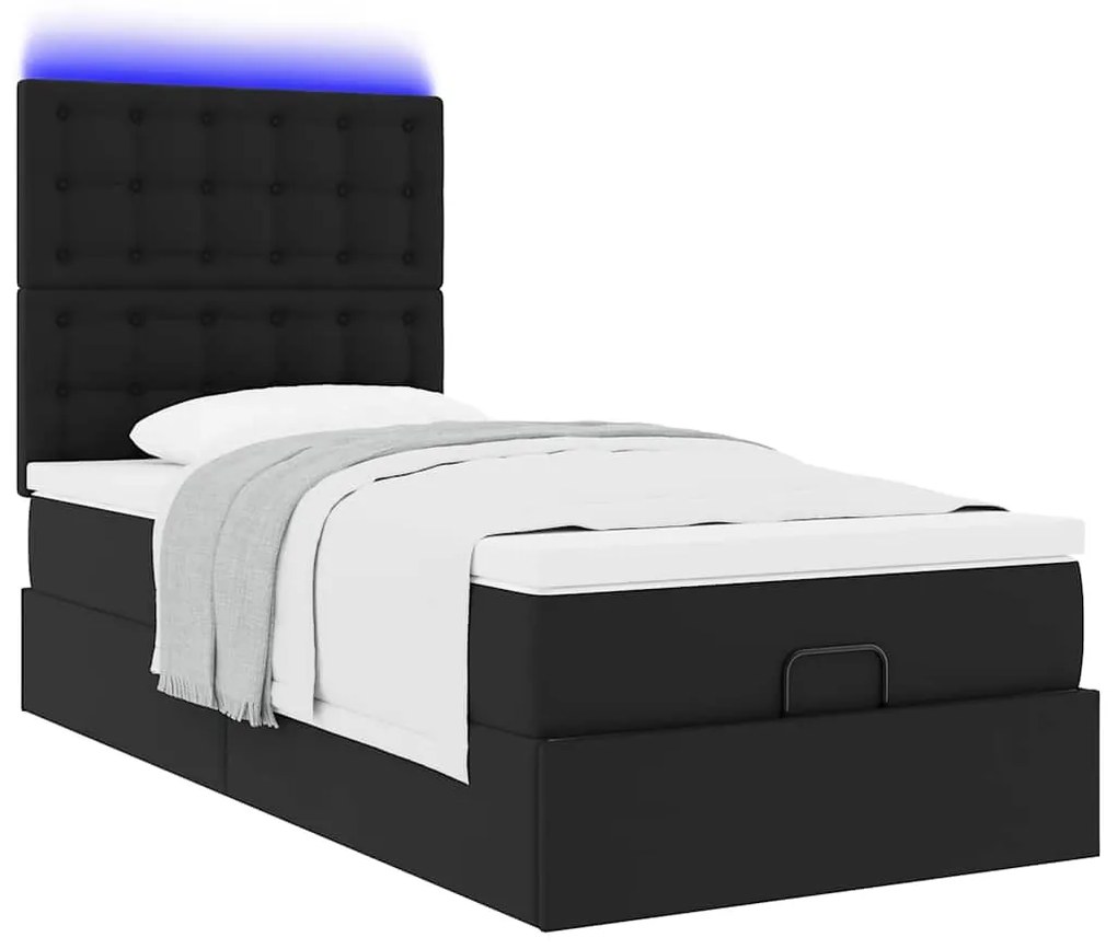 Οθωμανικό κρεβάτι με στρώμα & LEDs Μαύρο Συνθετικό δέρμα - Μαύρο