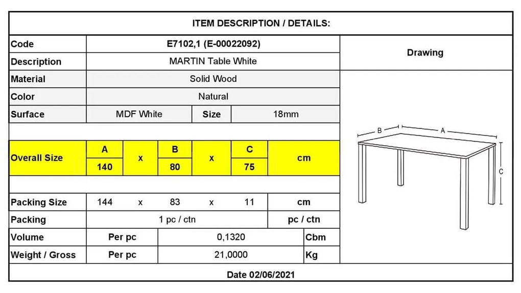Τραπέζι MARTIN 140x80cm Άσπρο