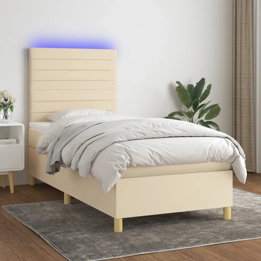 vidaXL Κρεβάτι Boxspring με Στρώμα &amp; LED Κρεμ 90x200 εκ. Υφασμάτινο