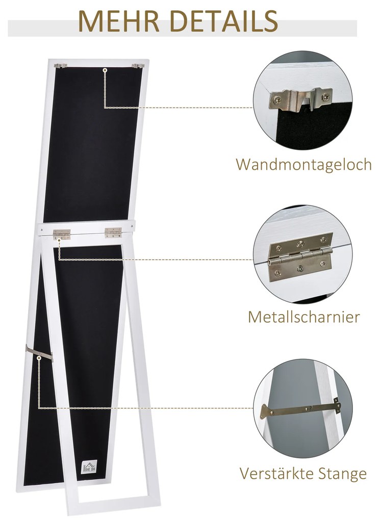 Καθρέφτης πλήρους μήκους, ελεύθερος, επιτοίχιος, πλαίσιο MDF, 37 x 37 x 154 εκ., Λευκός