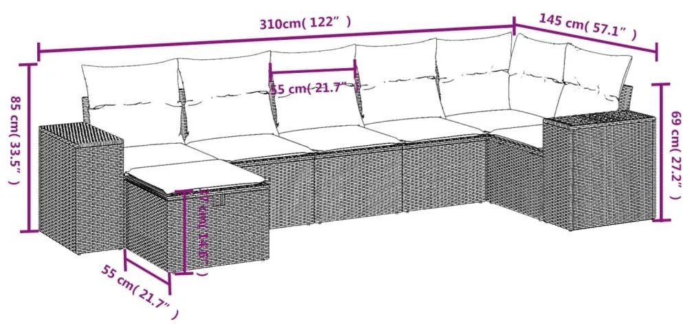 vidaXL Καναπές Σετ 7 Τεμαχίων Μαύρο Συνθετικό Ρατάν με Μαξιλάρια