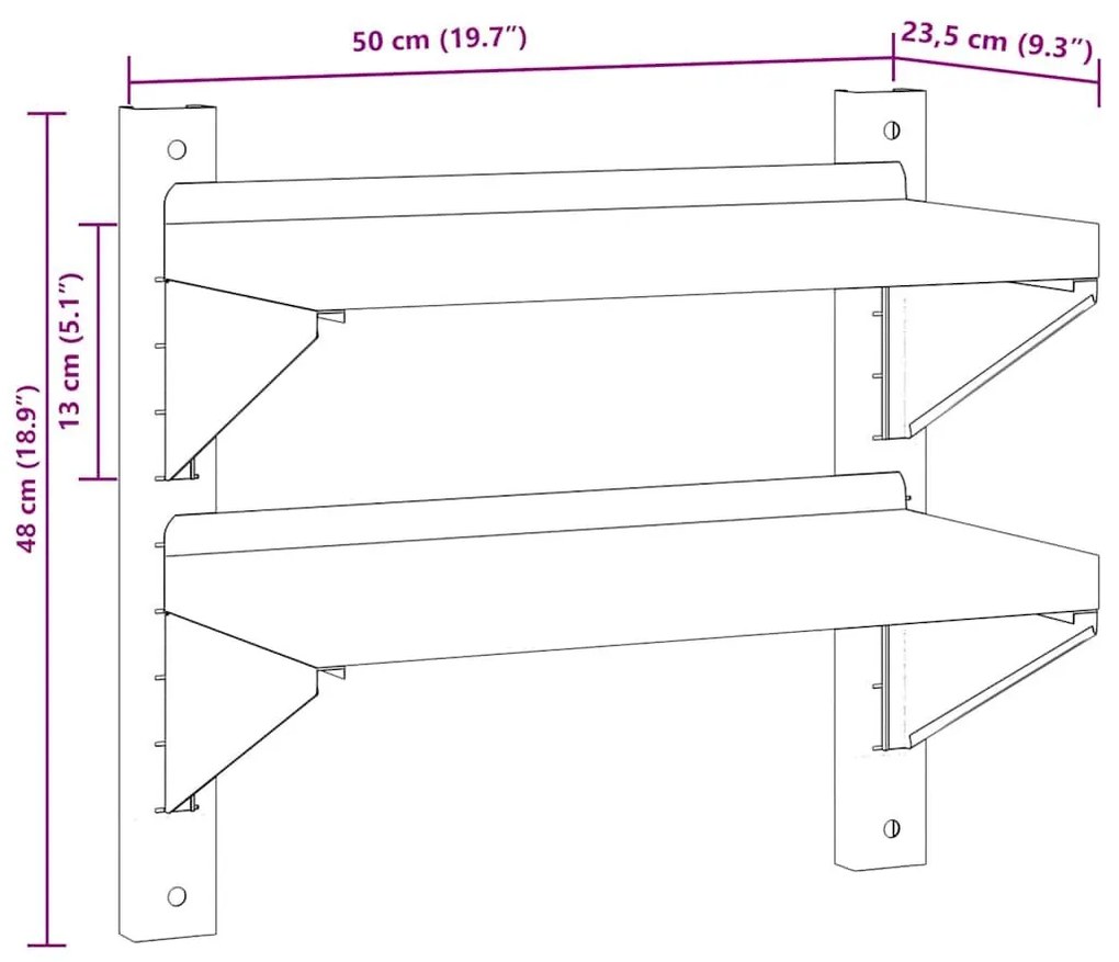 Ράφι Τοίχου 2 Επιπ. Ασημί 50x23,5x48 εκ. Ανοξείδωτο Ατσάλι - Ασήμι