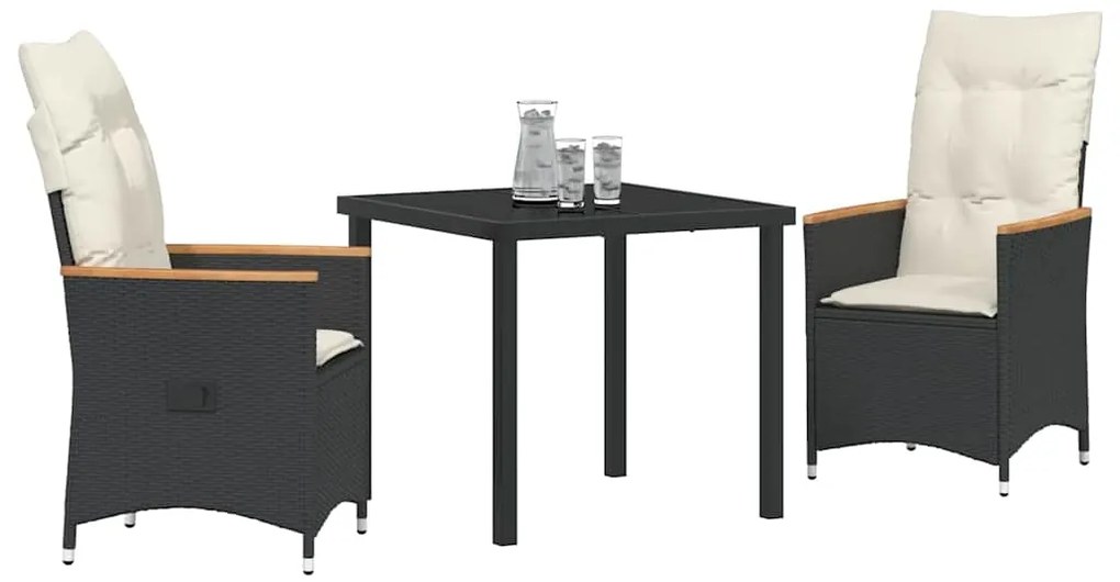 vidaXL Σέτ φαγητού για κήπο με μαξιλάρι 3 pcs Μαύρο Πολυ ράταν