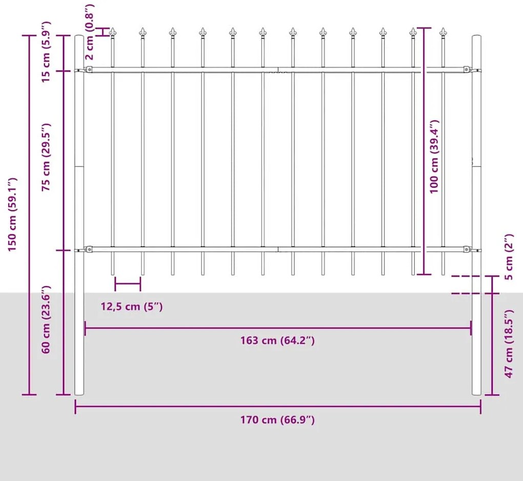 vidaXL Φράχτης Κήπου Γκρι 1.7 x 1 m Ατσάλι με Επικάλυψη Πούδρας